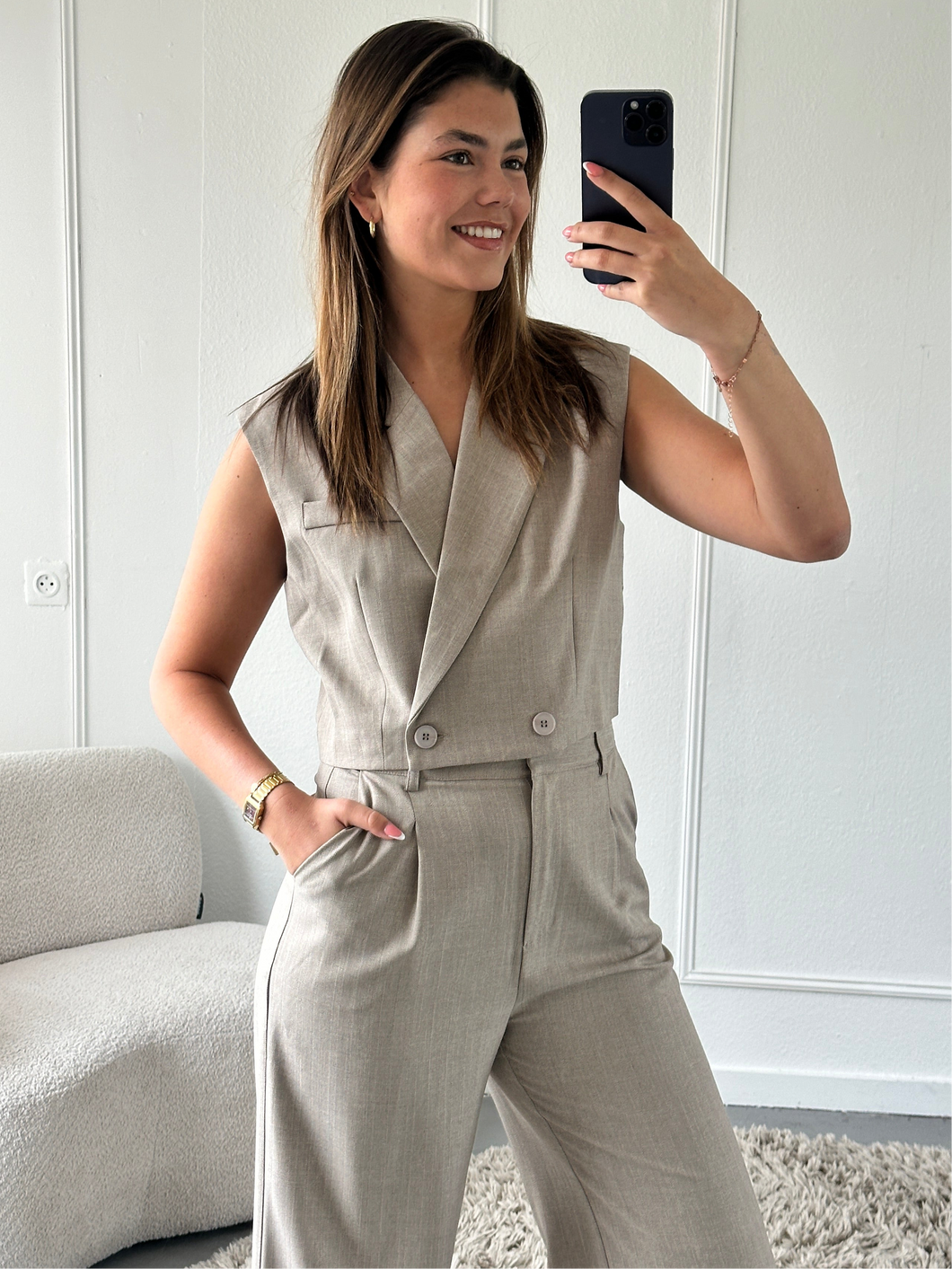 Beige Krijtstreep Gilet
