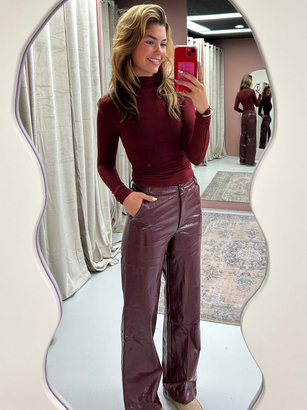 ByHan Bordeaux leren broek