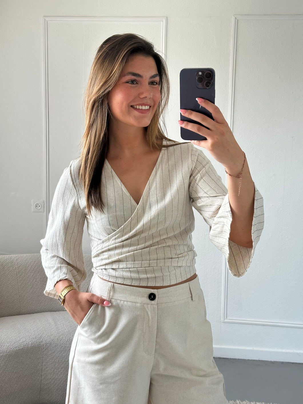 Berawa Wrap Top Beige krijtstreep