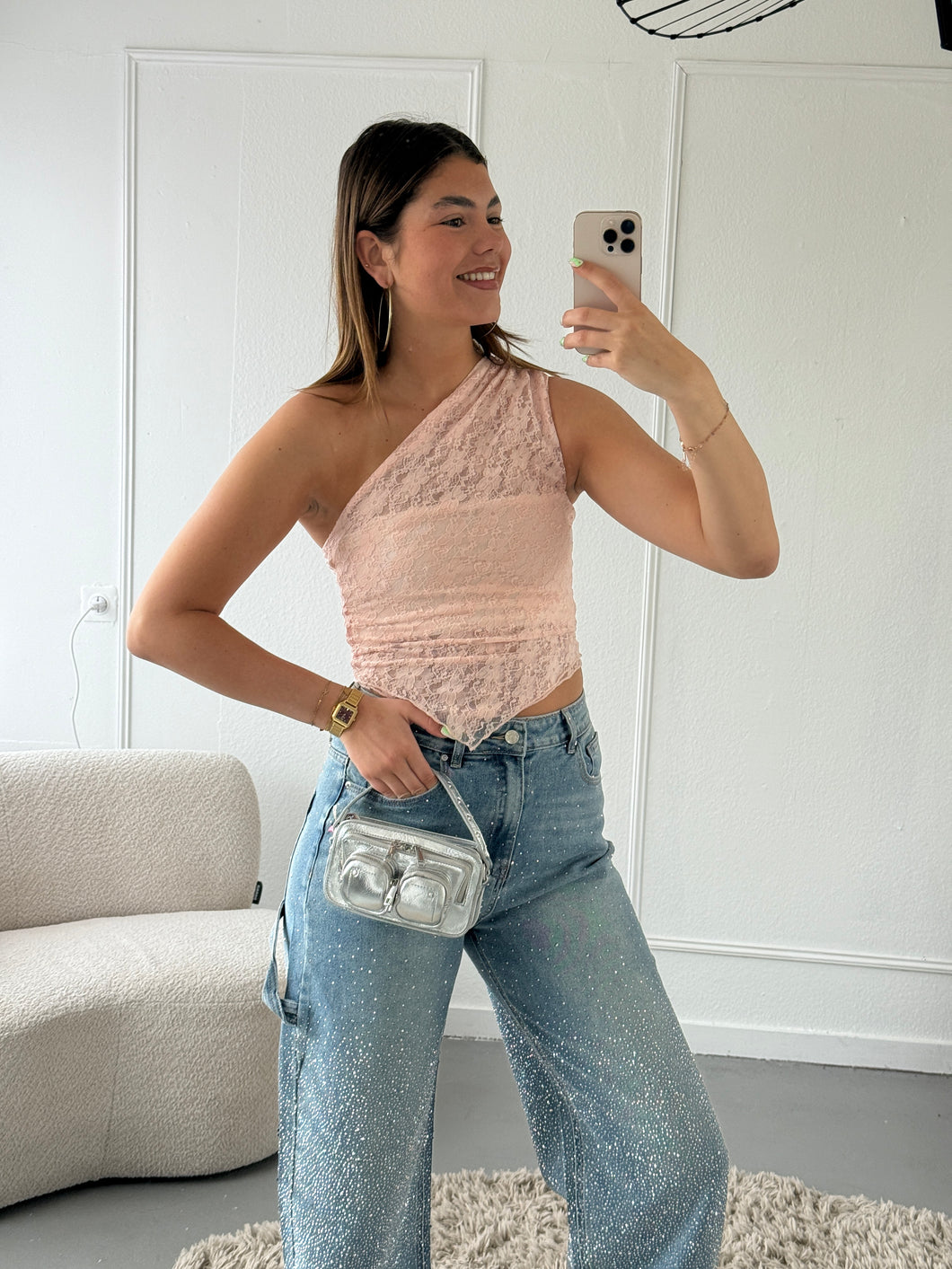 ByHan One Shoulder Mesh Top Roze