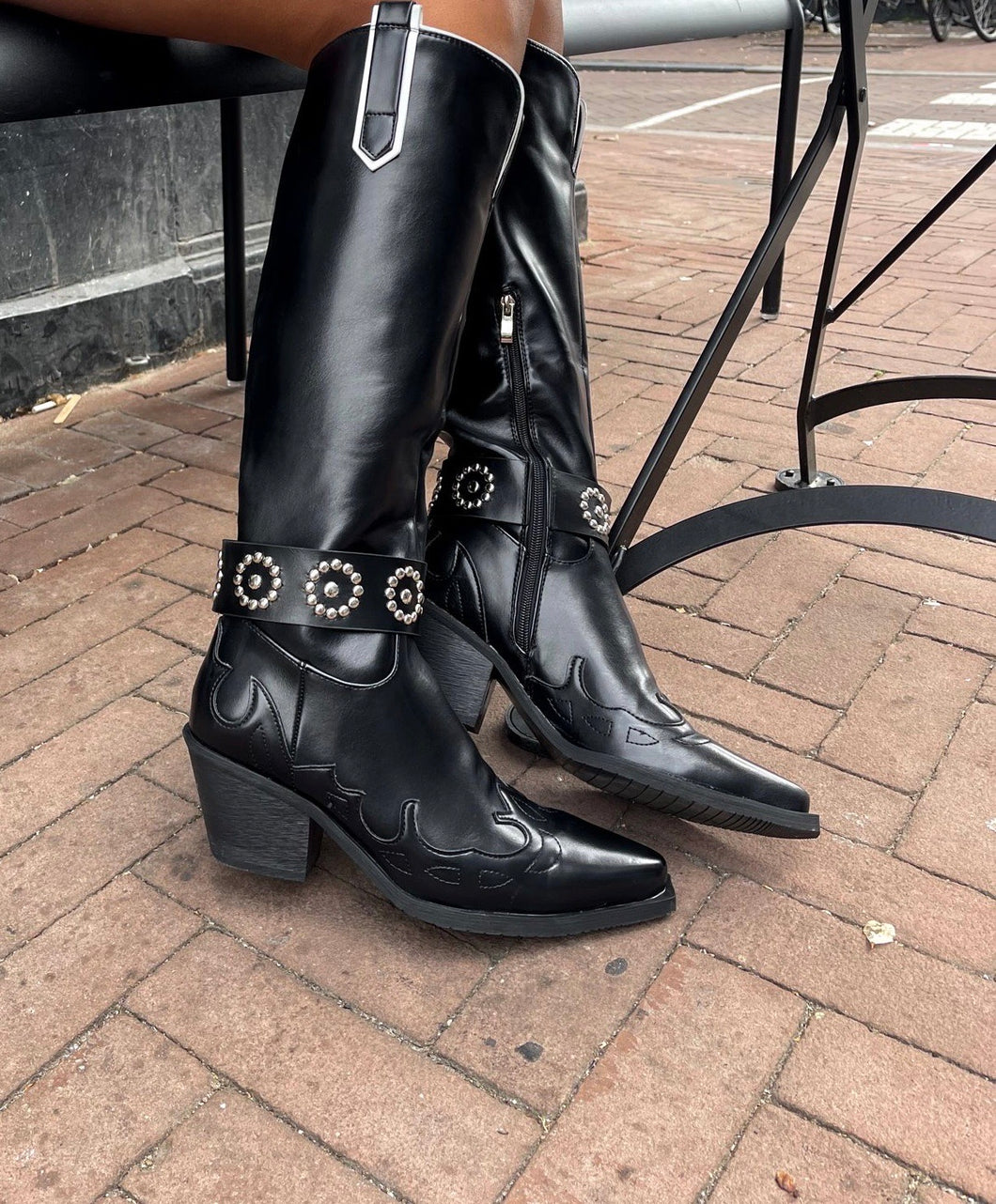 ByHan Cowboy Boots hoog zwart met details