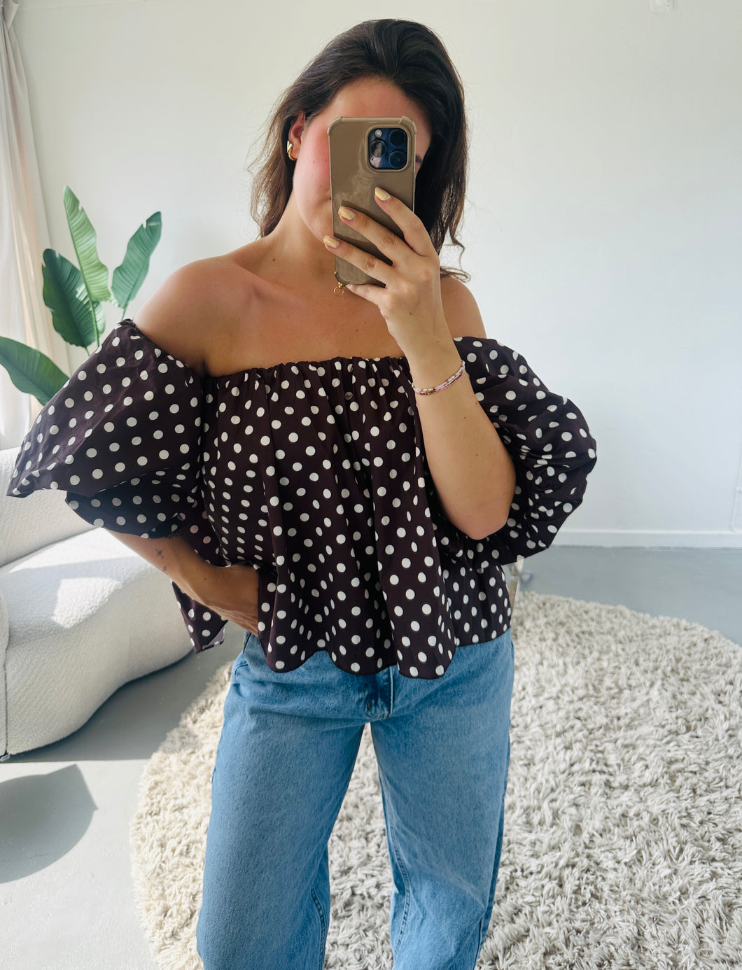 Hanna polka dot top donkerbruin / wit