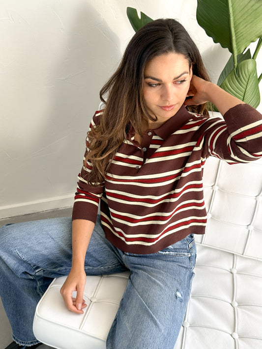 Romy gestreepte polo trui bruin