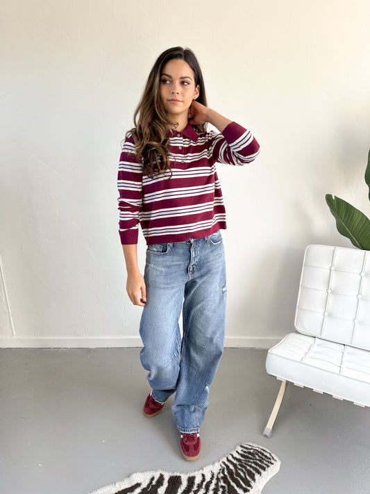 Romy gestreepte polo trui aubergine